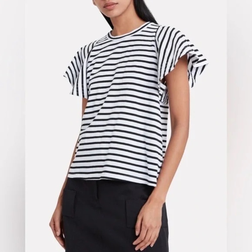 A.L.C. Women's Sz Large Black White Stripe Ruffle Short Sleeve Carrie Shirt Top